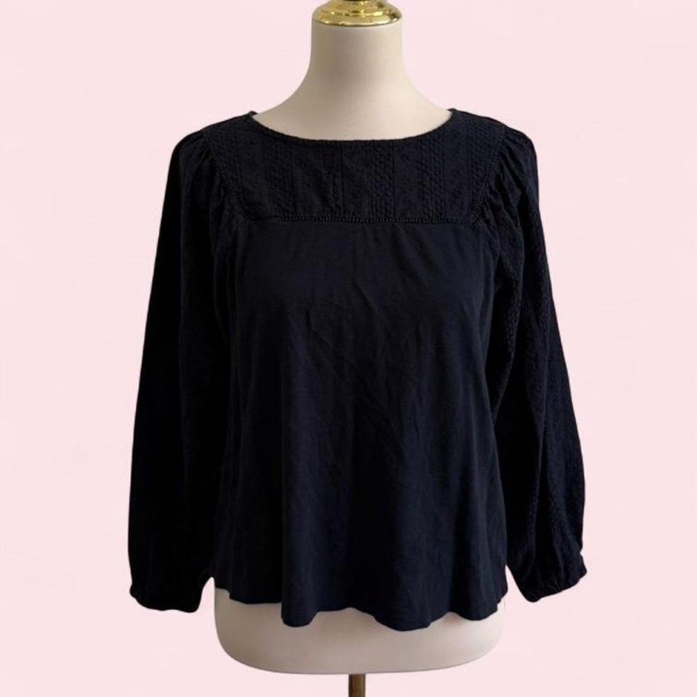 Ann Taylor LOFT Navy Eyelet Yoke Blouse — Size M